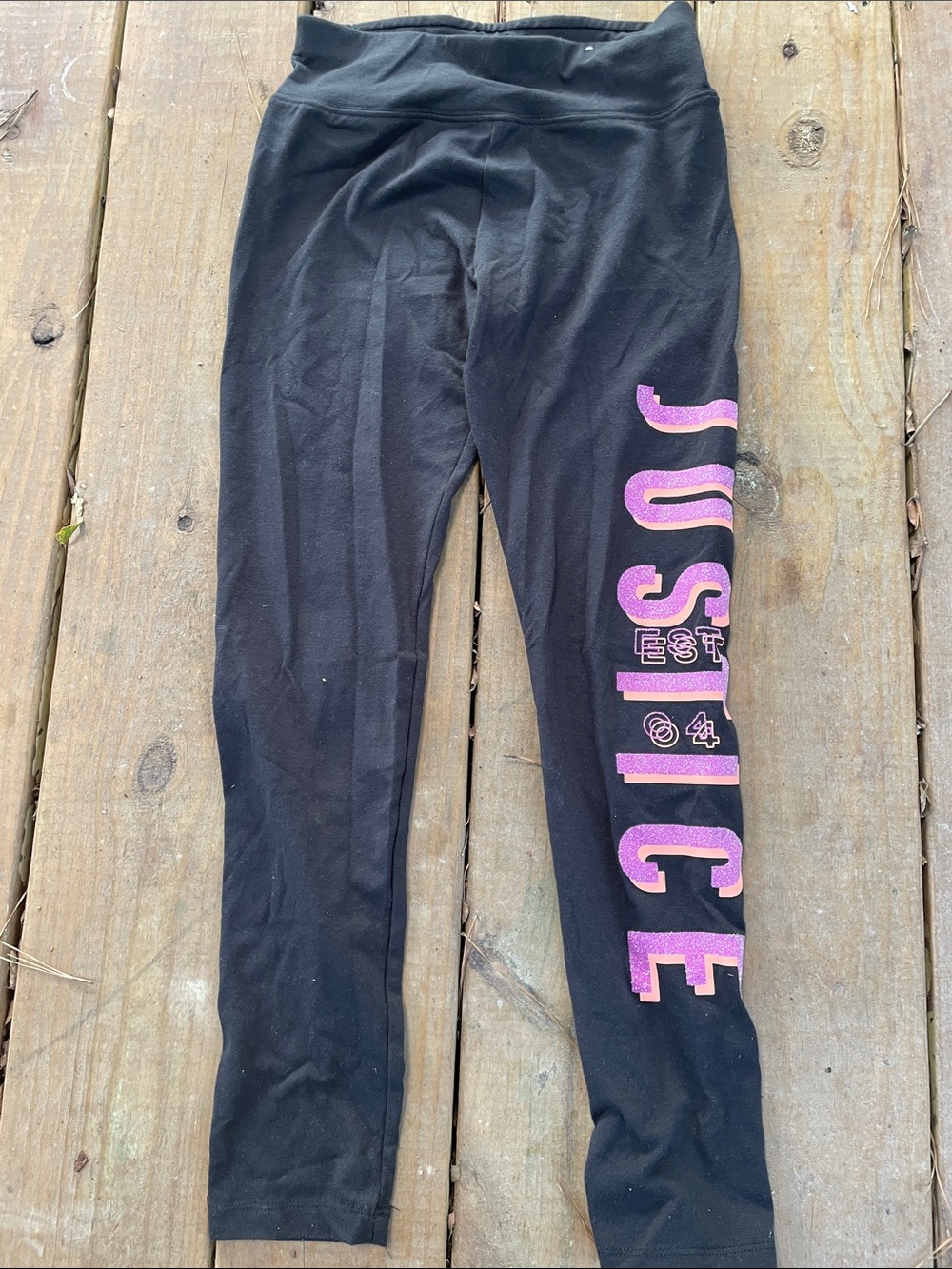 Justice Black Leggings with Pink Glitter Logo